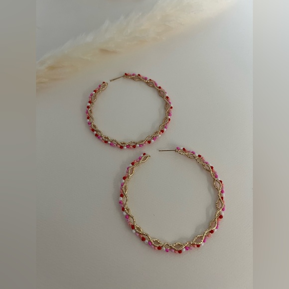 Large Pink & Gold Hoops - Oversized Gold Hoops- Trendy Boho Chic Earrings - Picture 3 of 14